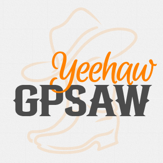 Yeehaw GPSAW printed over an outline of western boots and hat