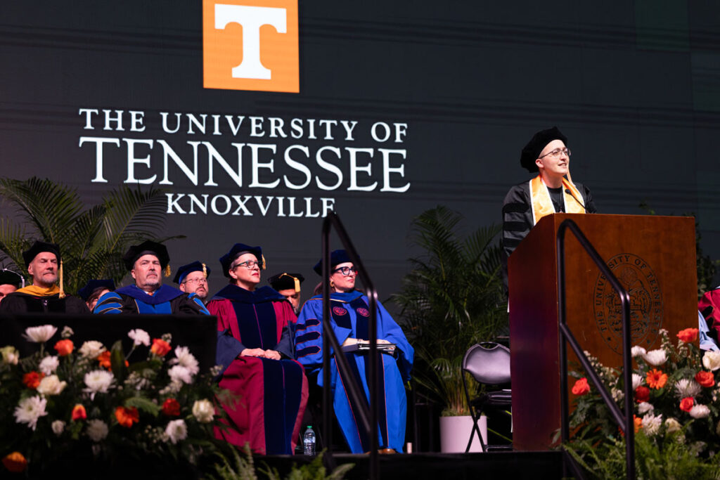 Featured speaker Elsie Denton addressing the faculty and students.