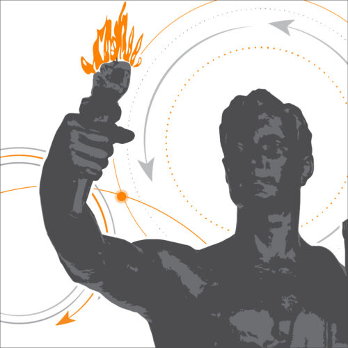 stylized torchbearer surrounded by circular arrows